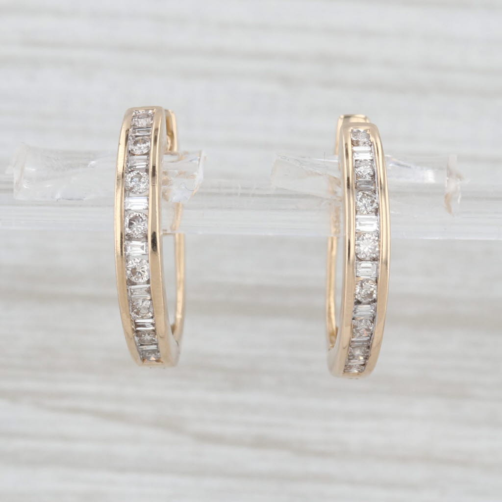 Light Gray 0.44ctw Diamond Hinged Hoop Earrings 14k Yellow Gold Snap Top Round Hoops