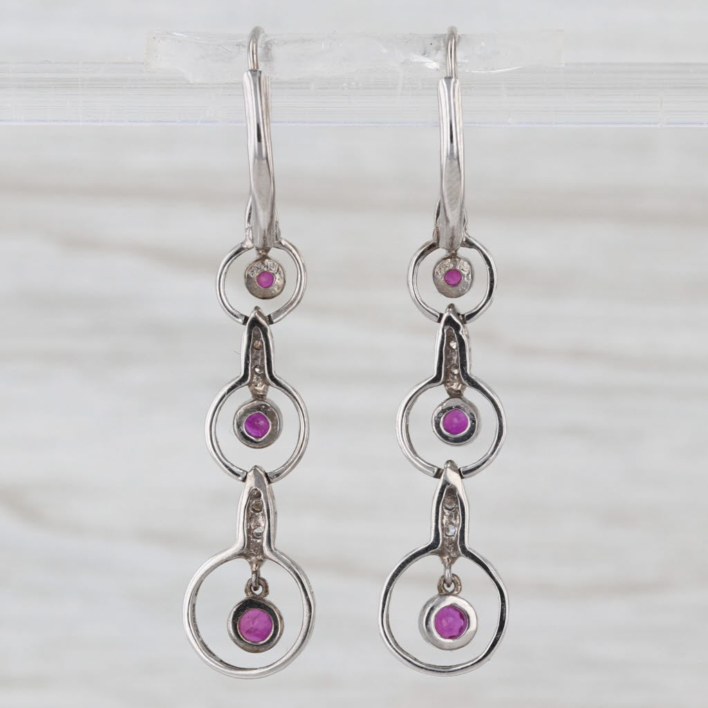 Vintage Ruby Diamond Dangle Earrings 14k White Gold Drops Lever Backs