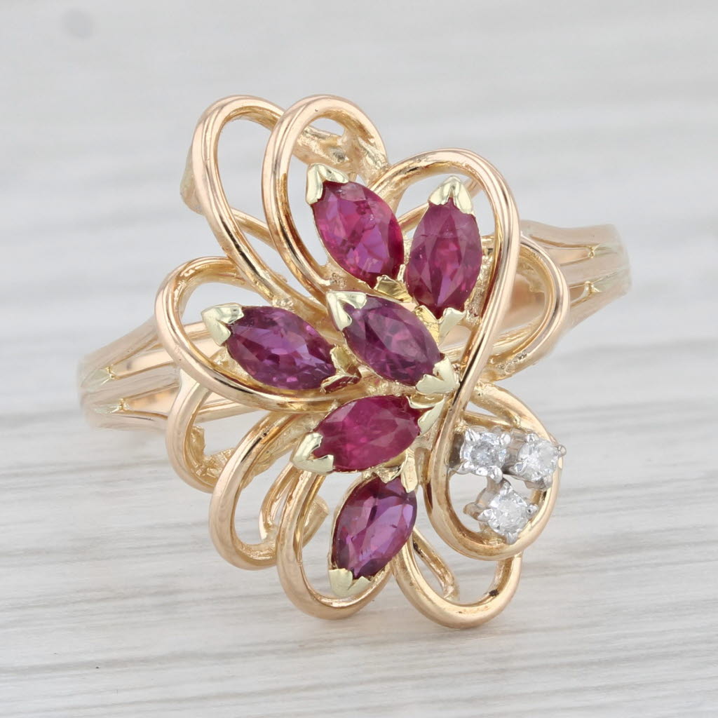 Light Gray 0.70ctw Ruby Diamond Ring 14k Yellow Gold Size 7.25 Flower Cluster