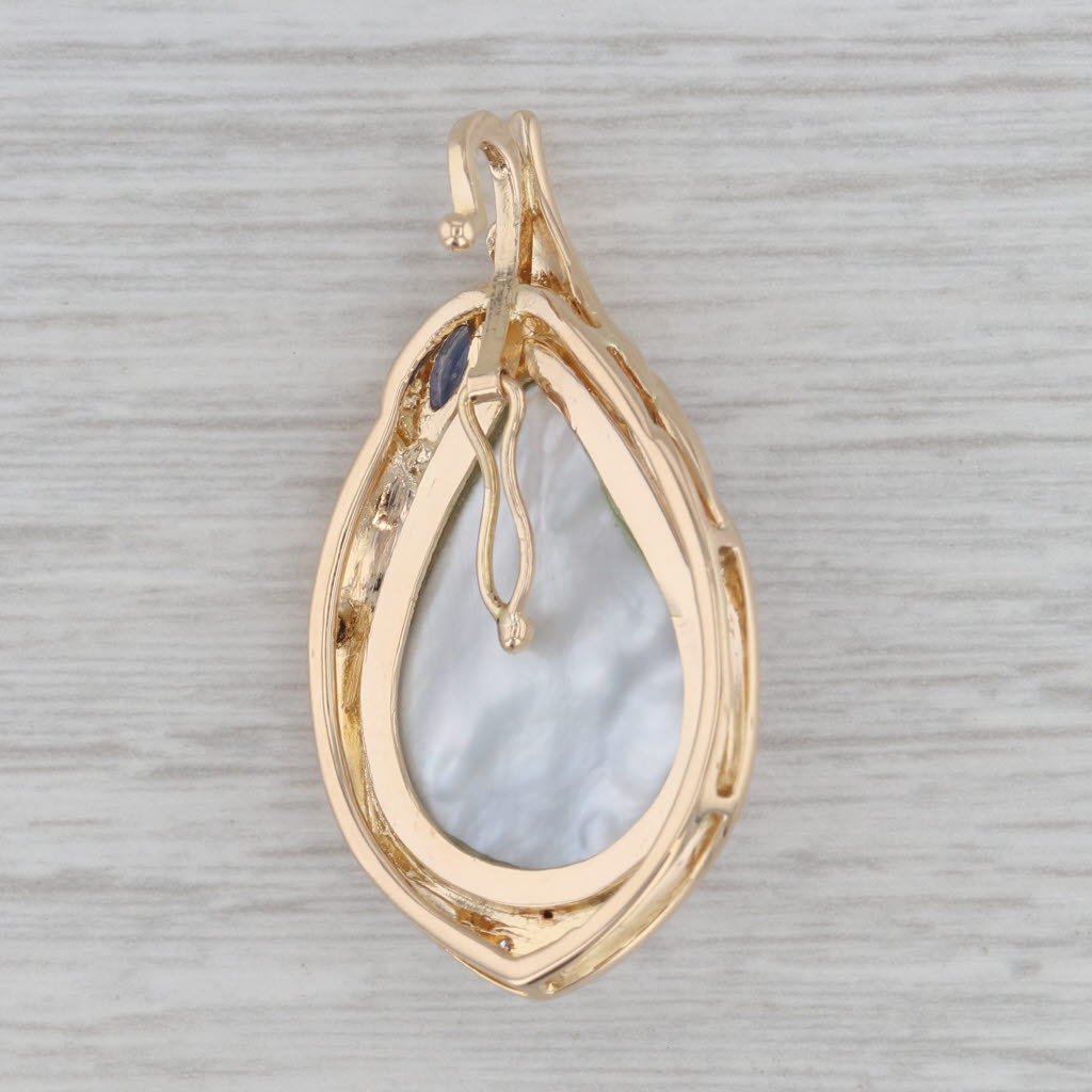 Gray Mabe Pearl Sapphire Diamond Teardrop Statement Pendant Enhancer 14k Yellow Gold