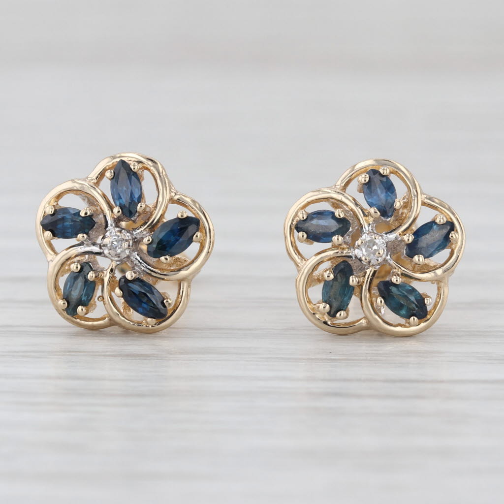 0.80ctw Sapphire Flower Stud Earrings 14k Yellow Gold Studs Diamond Accents