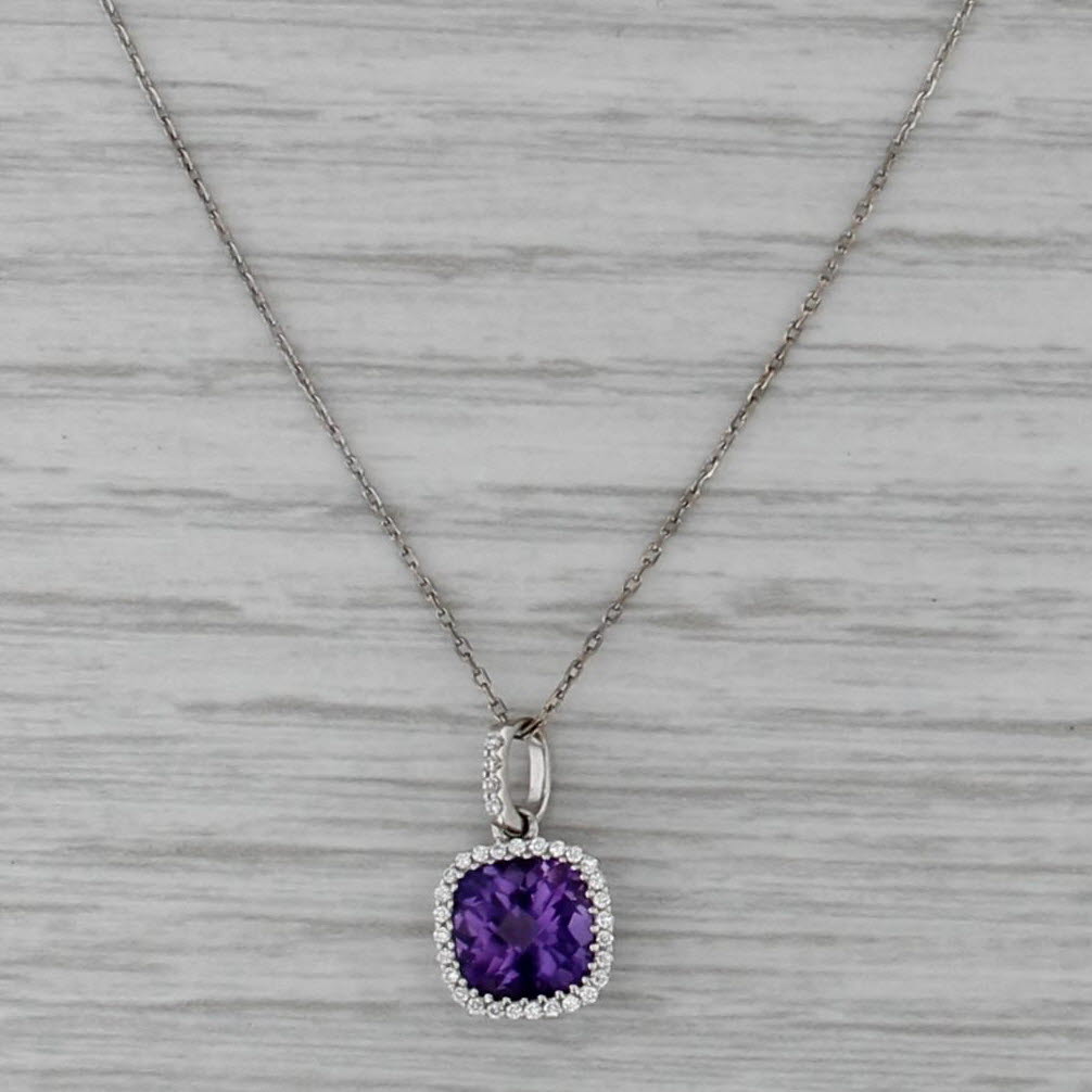 1.47ctw Amethyst Diamond Halo Pendant Necklace 18k White Gold 16.25" Cable Chain