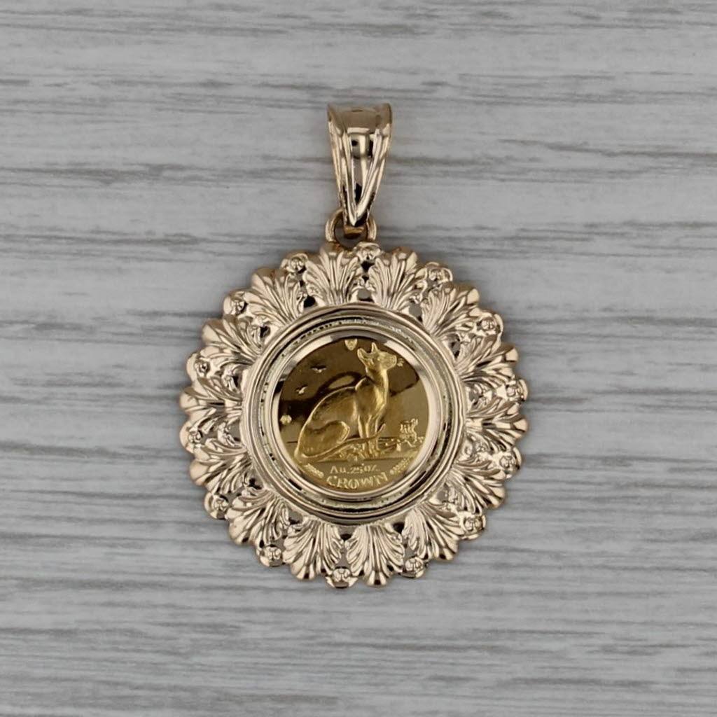 Isle of Man CAT 1/25 ozt Coin Pendant 14k 22k Yellow Gold Crown