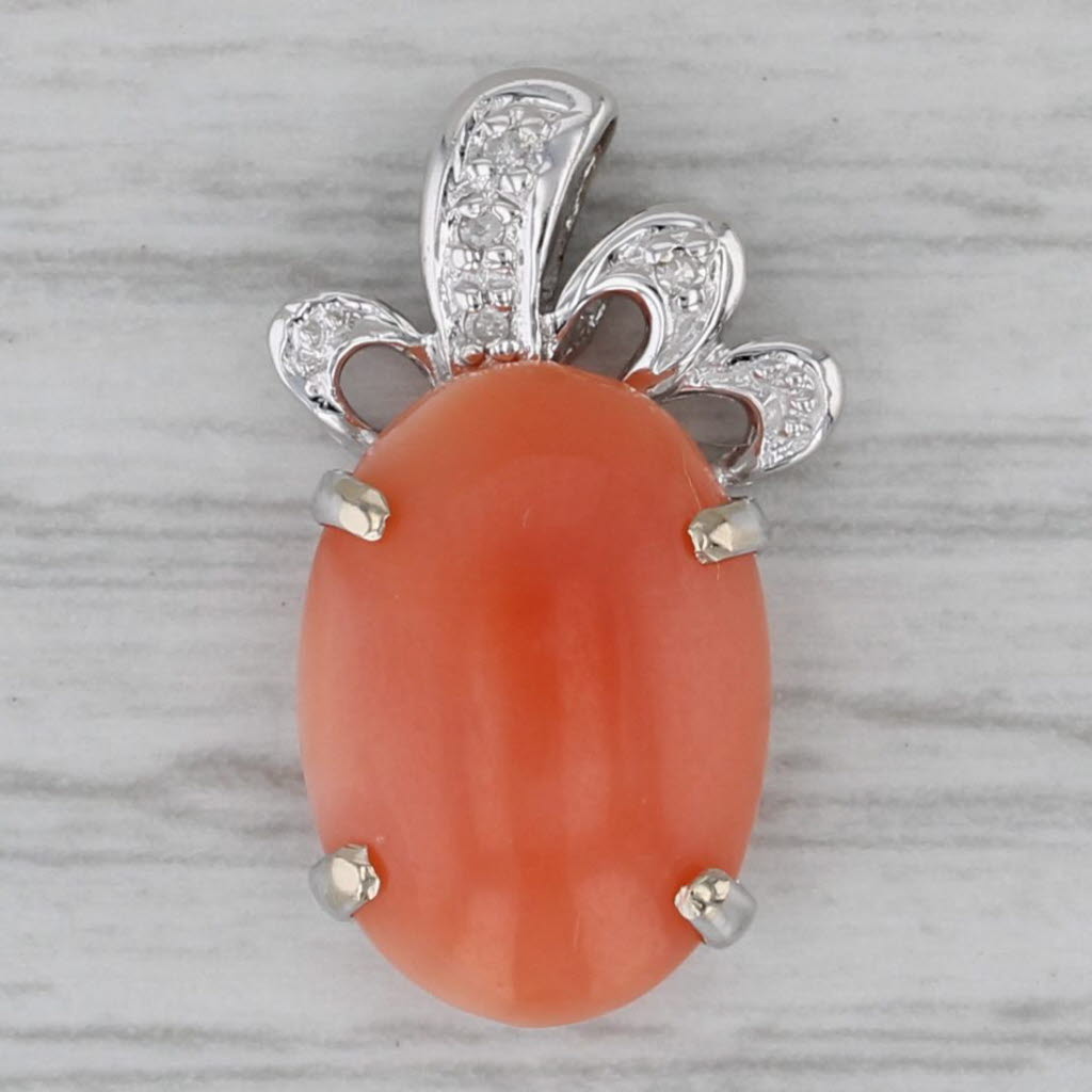 Gray Coral Cabochon Diamond Pendant 14k White Gold