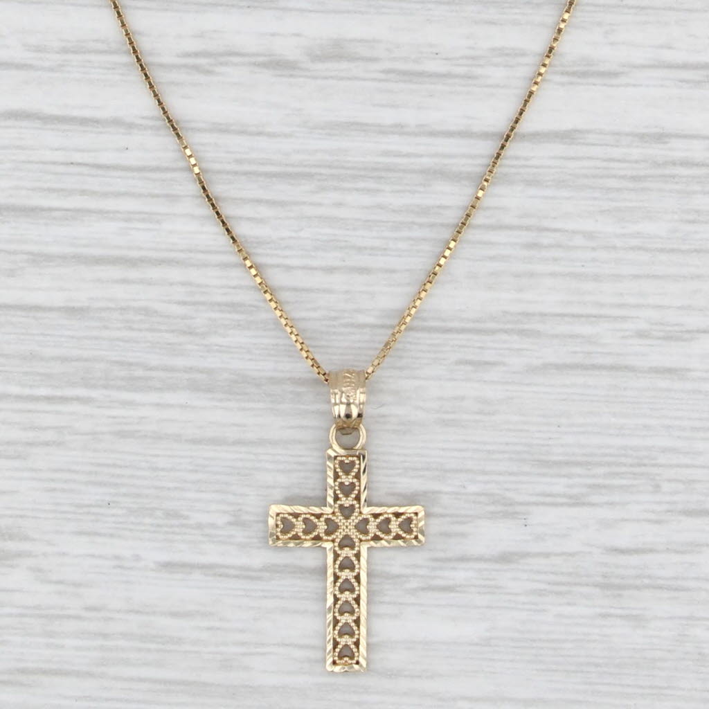 Filigree Hearts Cross Pendant 14k Yellow Gold 16" Box Chain