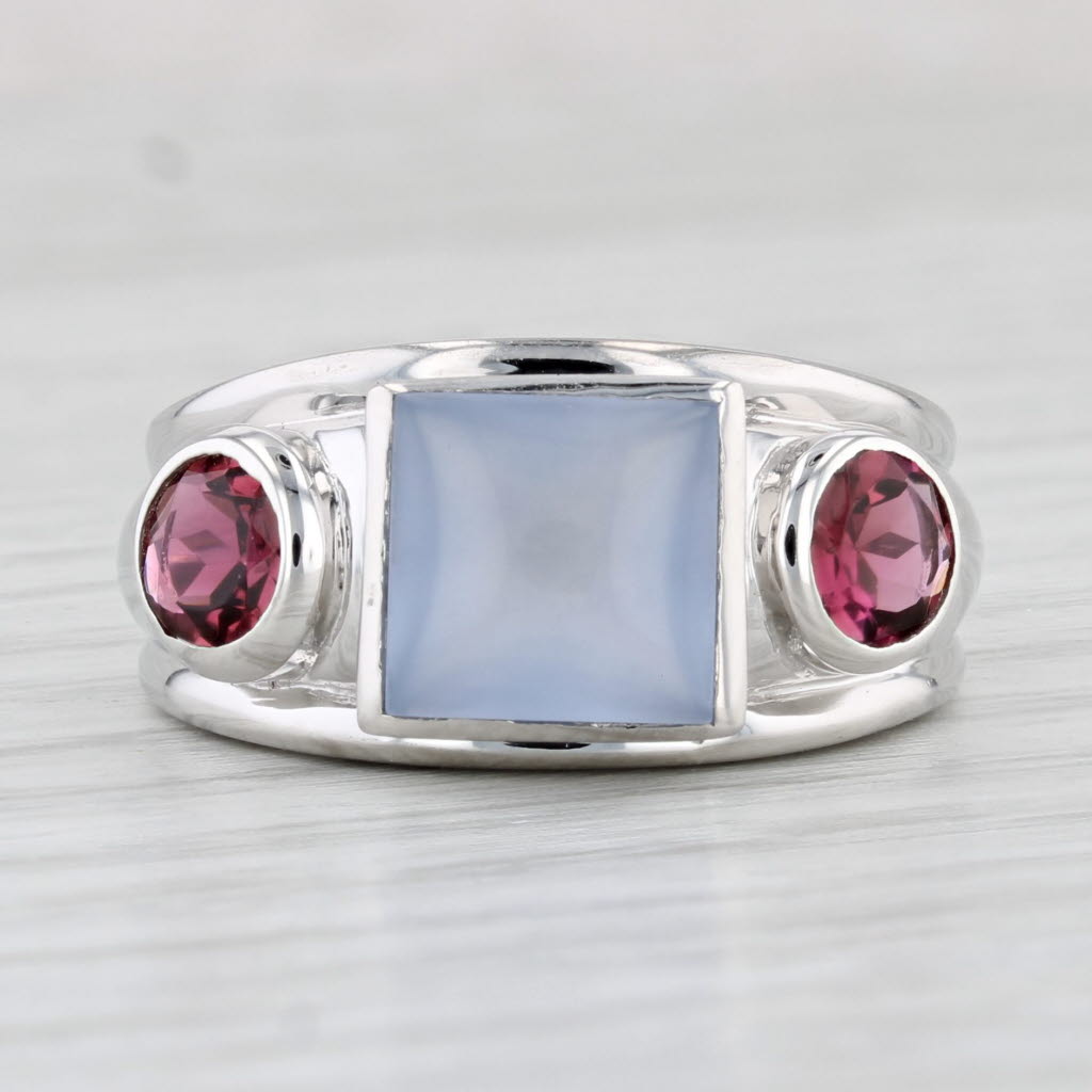 Light Gray Blue Chalcedony Pink Tourmaline Ring 14k White Gold Size 6.75