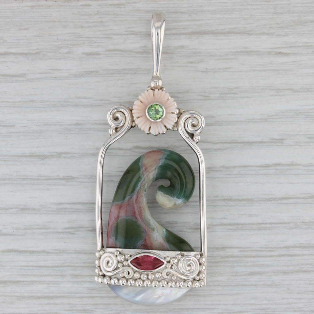 Gray Peridot Tourmaline Stone Mosaic Floral Statement Pendant Sterling Silver