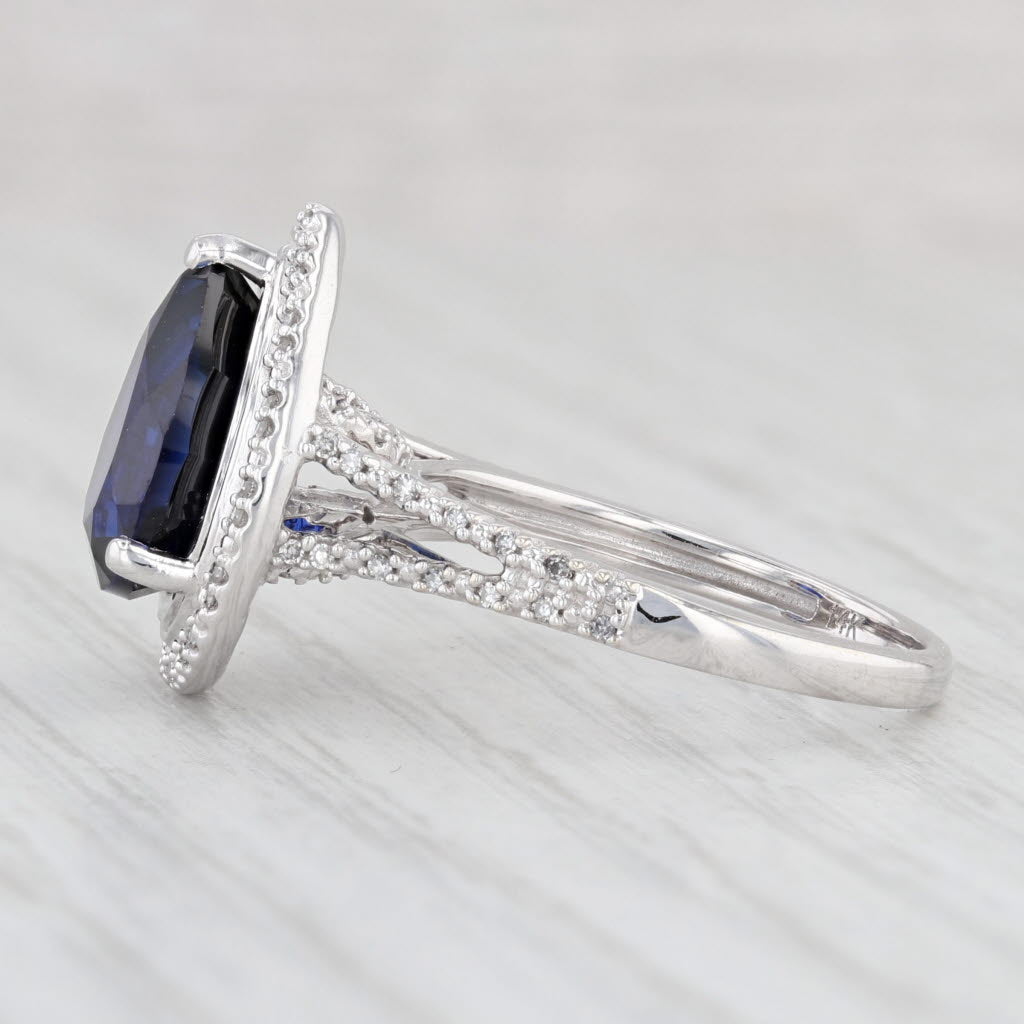 Light Gray Lab Created Blue Sapphire Diamond Halo Ring 14k White Gold Size 6 Engagement