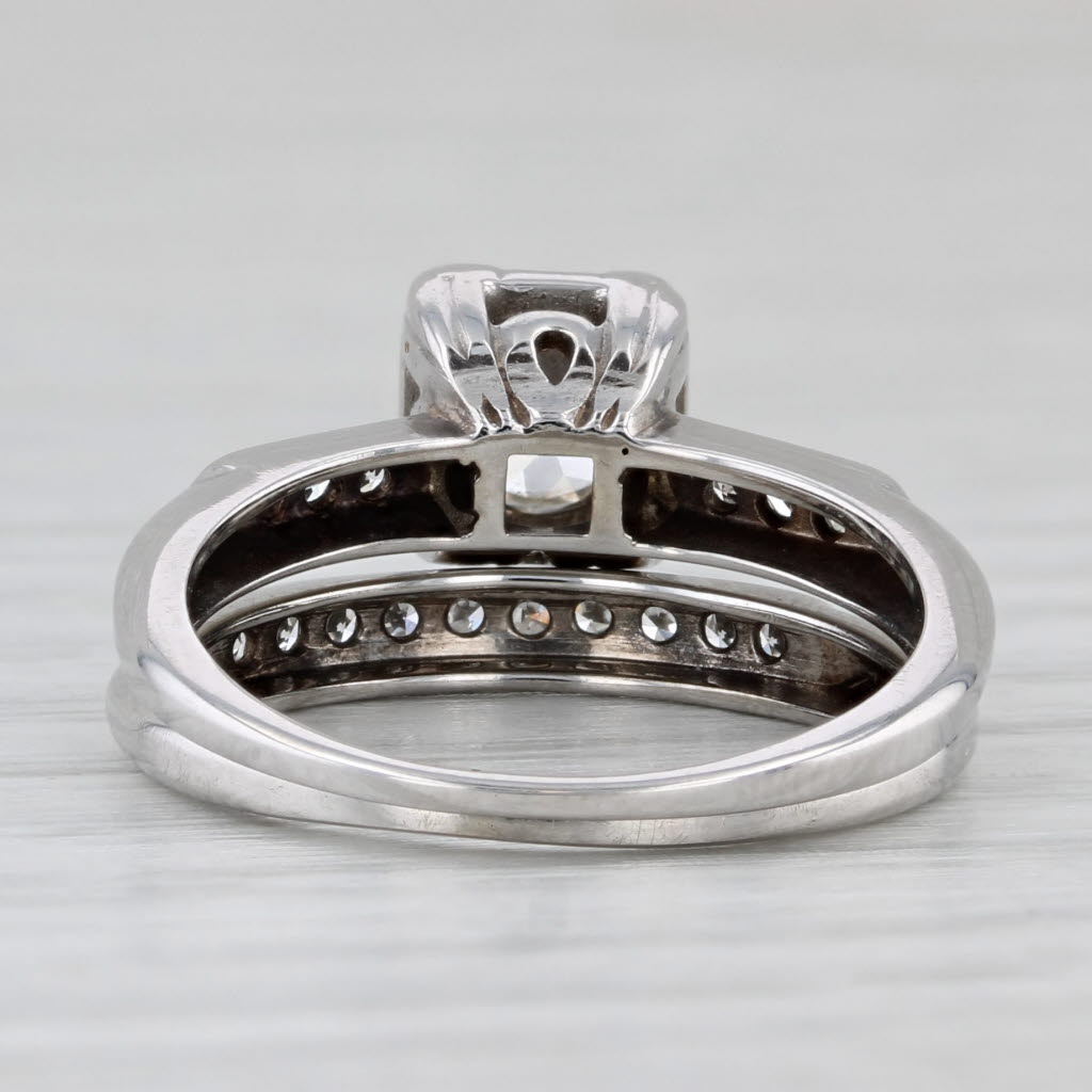 Light Gray Vintage 0.82ctw Diamond Engagement Ring Wedding Band Bridal Set 14k White Gold