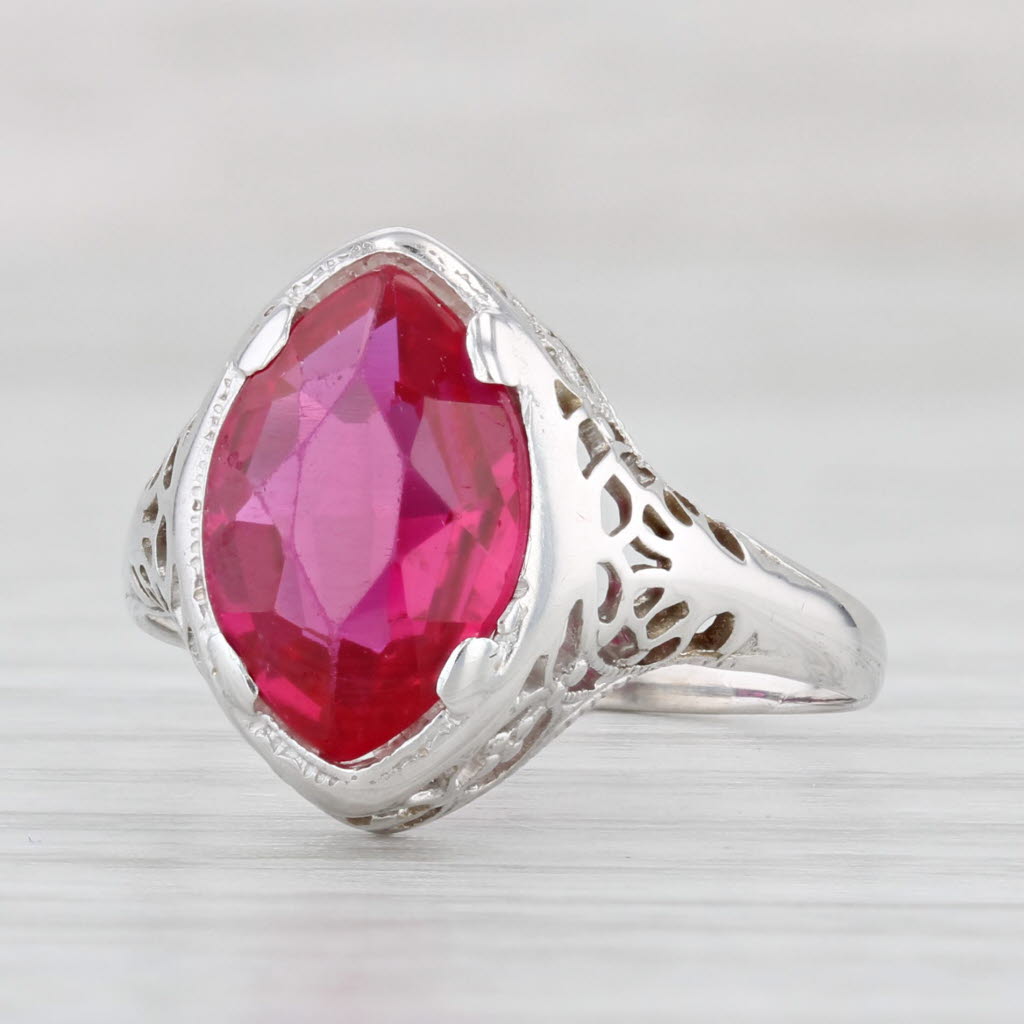 Light Gray Vintage 2.40ct Lab Created Ruby Ring 18k White Gold Size 7.75 Marquise Solitaire