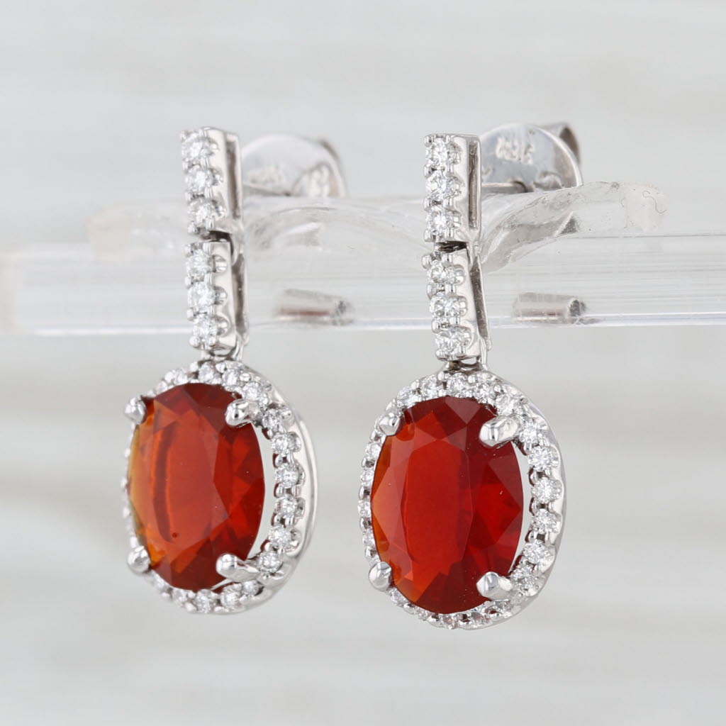 2.53ctw Fire Opal Diamond Halo Drop Earrings 18k White Gold Dangles