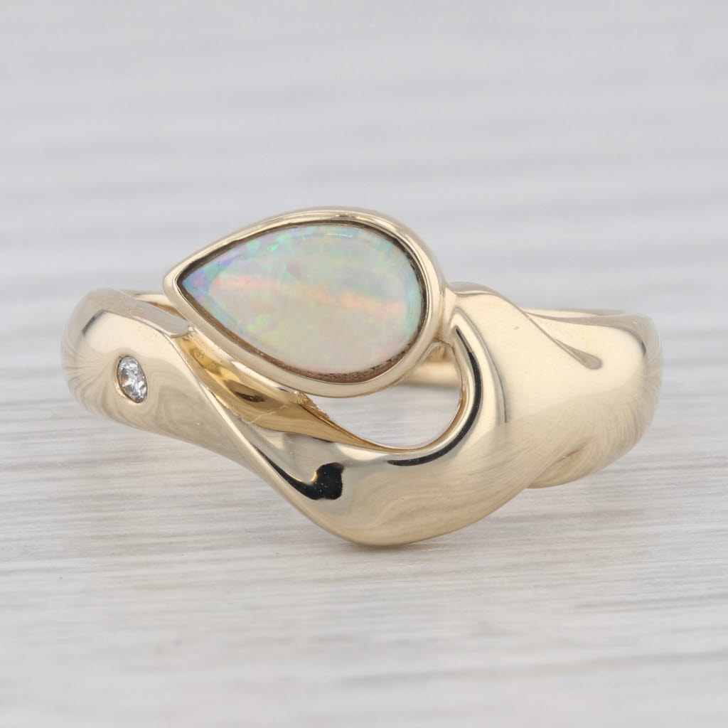 Light Gray Opal Diamond Ring 14k Yellow Gold Size 6.75-7 Pear Cabochon Solitaire