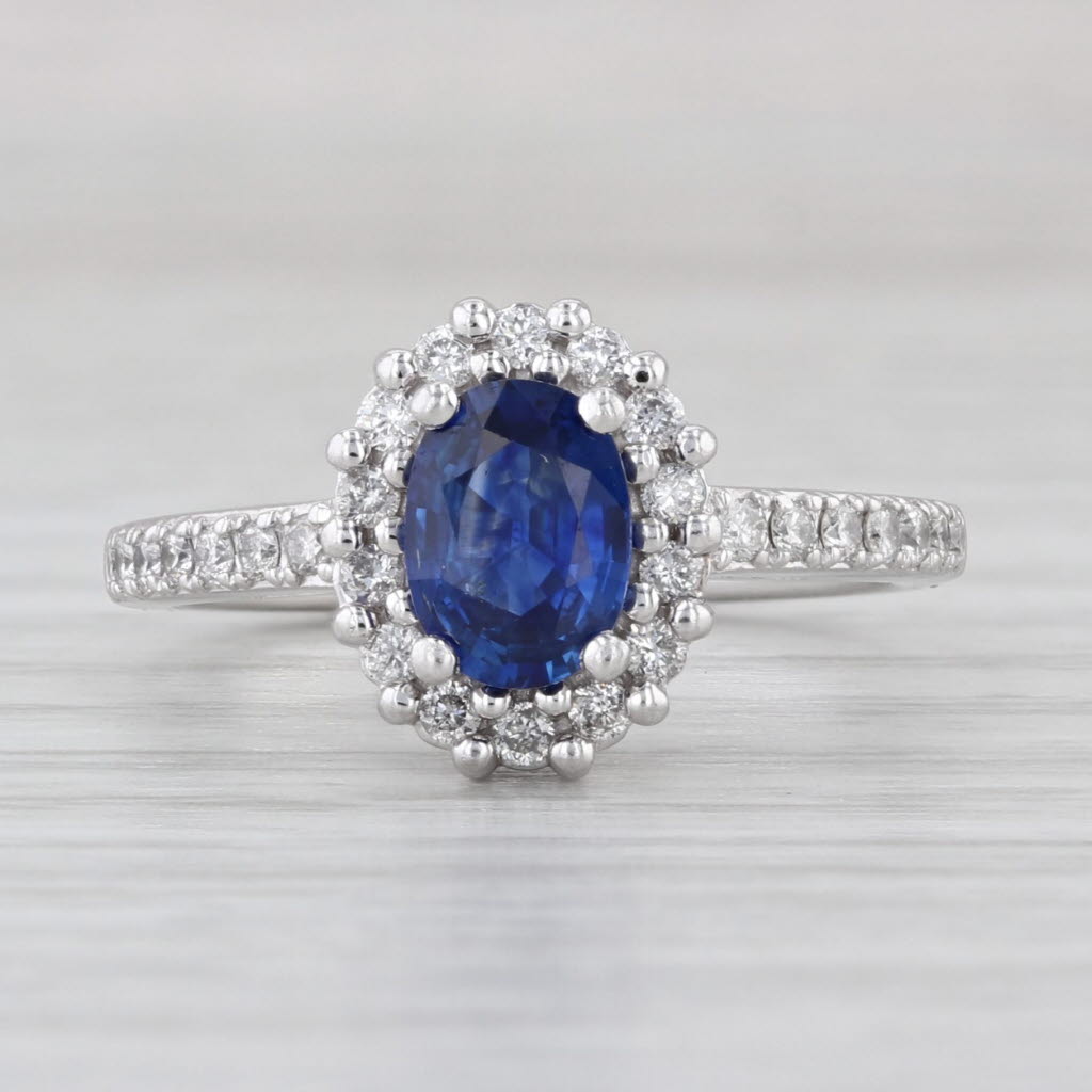 2.58ctw Blue Sapphire Diamond Halo Engagement Ring 14k White Gold Size 7