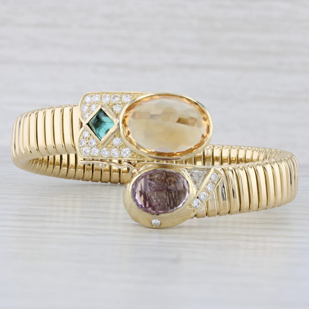 Light Gray Citrine Amethyst Tourmaline Diamond Bangle Bracelet 18k Gold Statement 6.25"