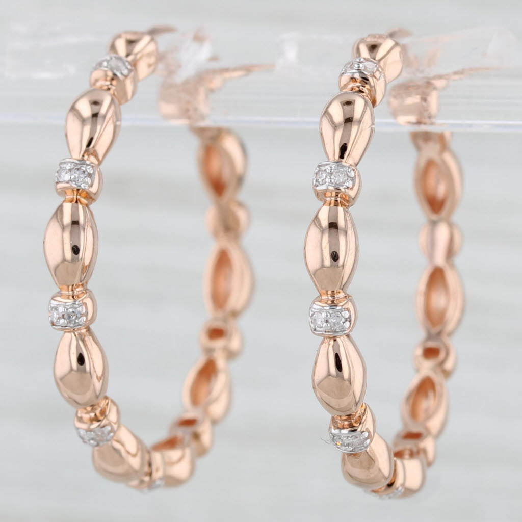 Light Gray New Beveled Diamond Hoop Earrings 10k Rose Gold Snap Top Round Hoops