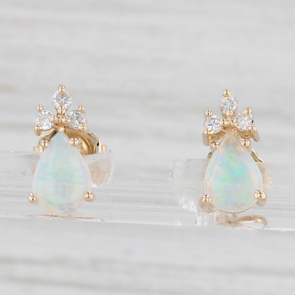 Light Gray Opal Diamond Teardrop Stud Earrings 14k Yellow Gold