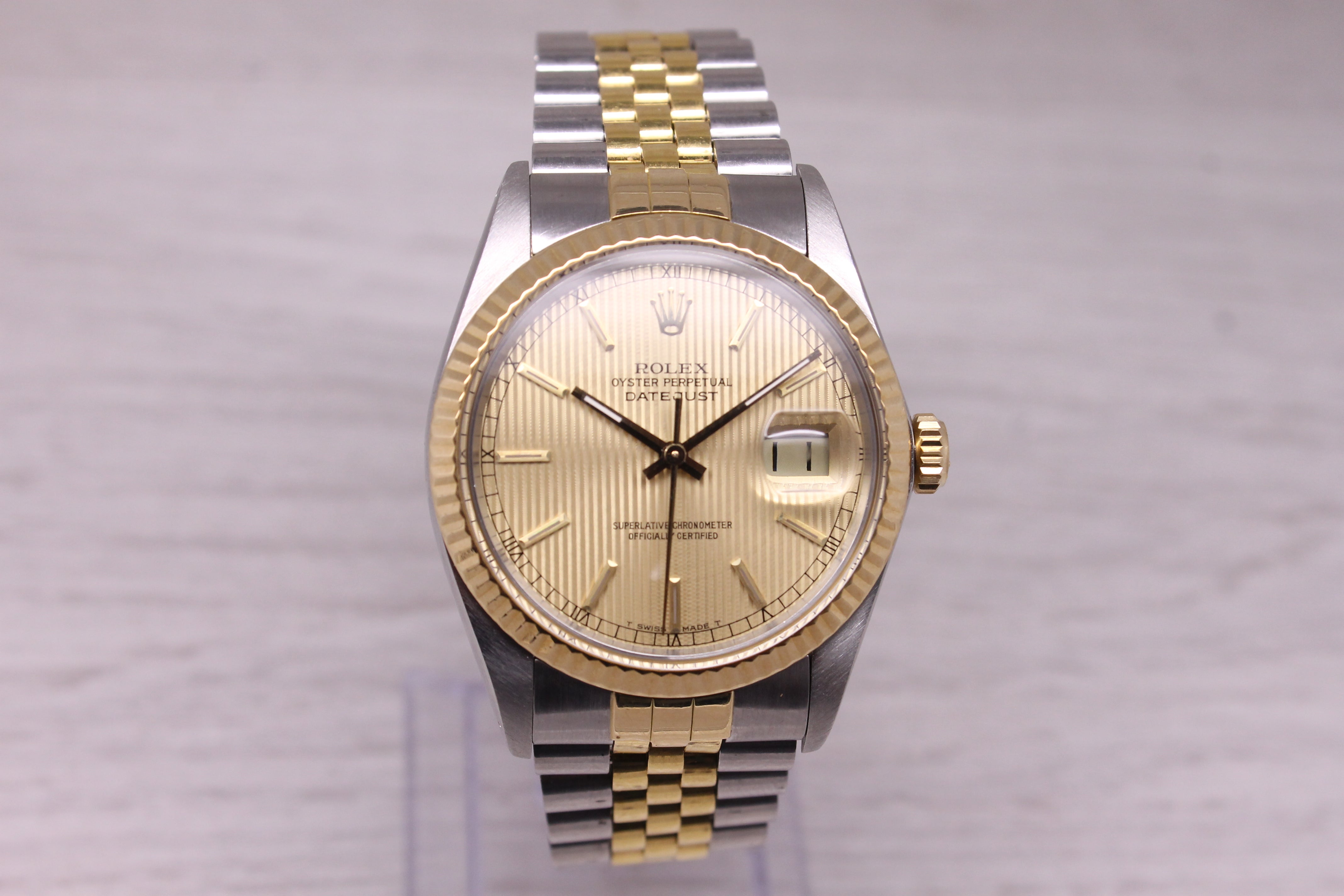 Vintage 1987 Rolex Datejust 16013 18k Steel Automatic Watch Tapestry Dial w Tag