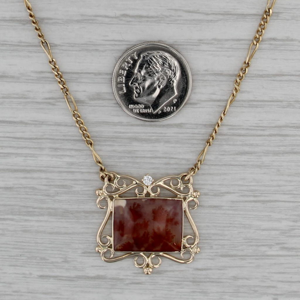 Moss Agate Diamond Ornate Pendant Necklace 14k Yellow Gold 15.5" Figaro Chain