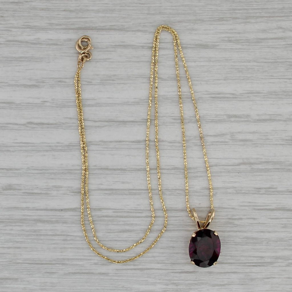 Indian Grape Garnet Solitaire Pendant 14k Yellow Gold 15.75" Nugget Chain