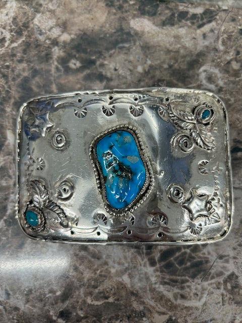 Dim Gray Vintage Large Turquoise Belt Buckle Southwestern Handmade Sterling Silver