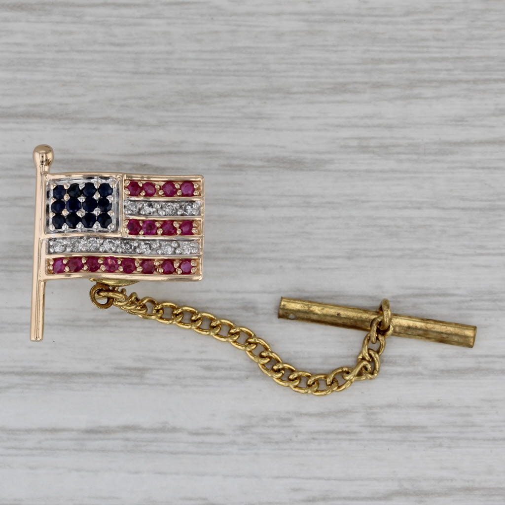 Gray 0.68ctw Ruby Sapphire Diamond American Flag Pin 14k Yellow Gold Tie Tac