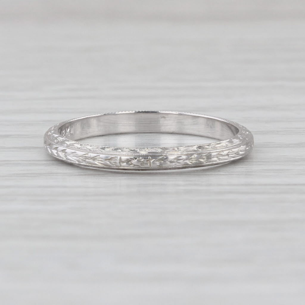 Belias Art Deco Wheat Etched Wedding Band 18k White Gold Stackable Ring Size 7.5