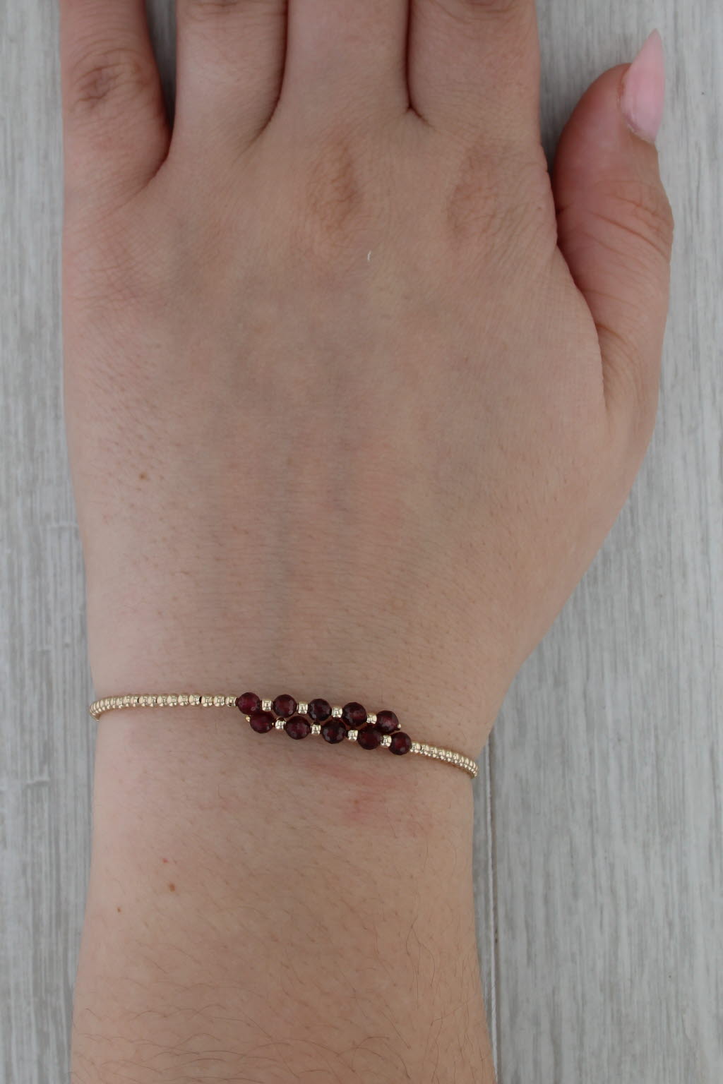 Garnet Bead Bypass Bangle Bracelet 14k Yellow Gold 6.5" Adjustable