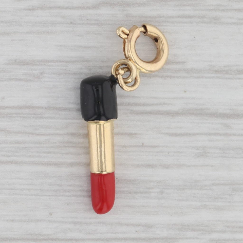 Gray Lipstick Charm 14k Yellow Gold Enamel Makeup Pendant