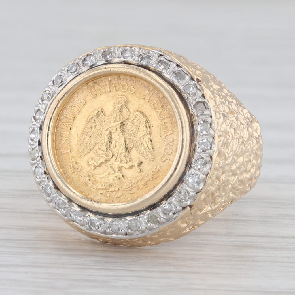 Light Gray 1945 Dos Pesos Mexican Coin Ring 14k Yellow Gold Nugget Band Size 9.75