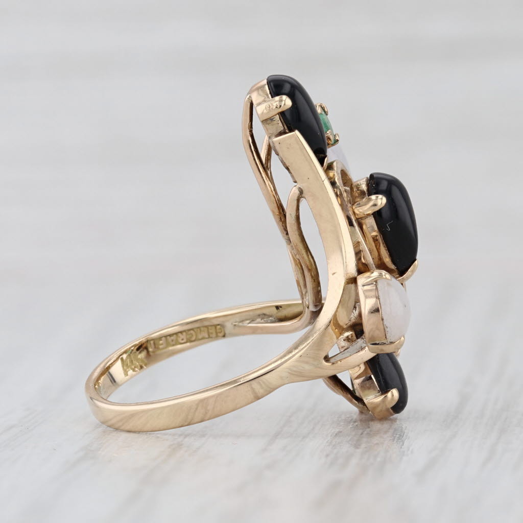 Jade Emerald Onyx Cabochon Cocktail Ring 14k Yellow Gold Size 4