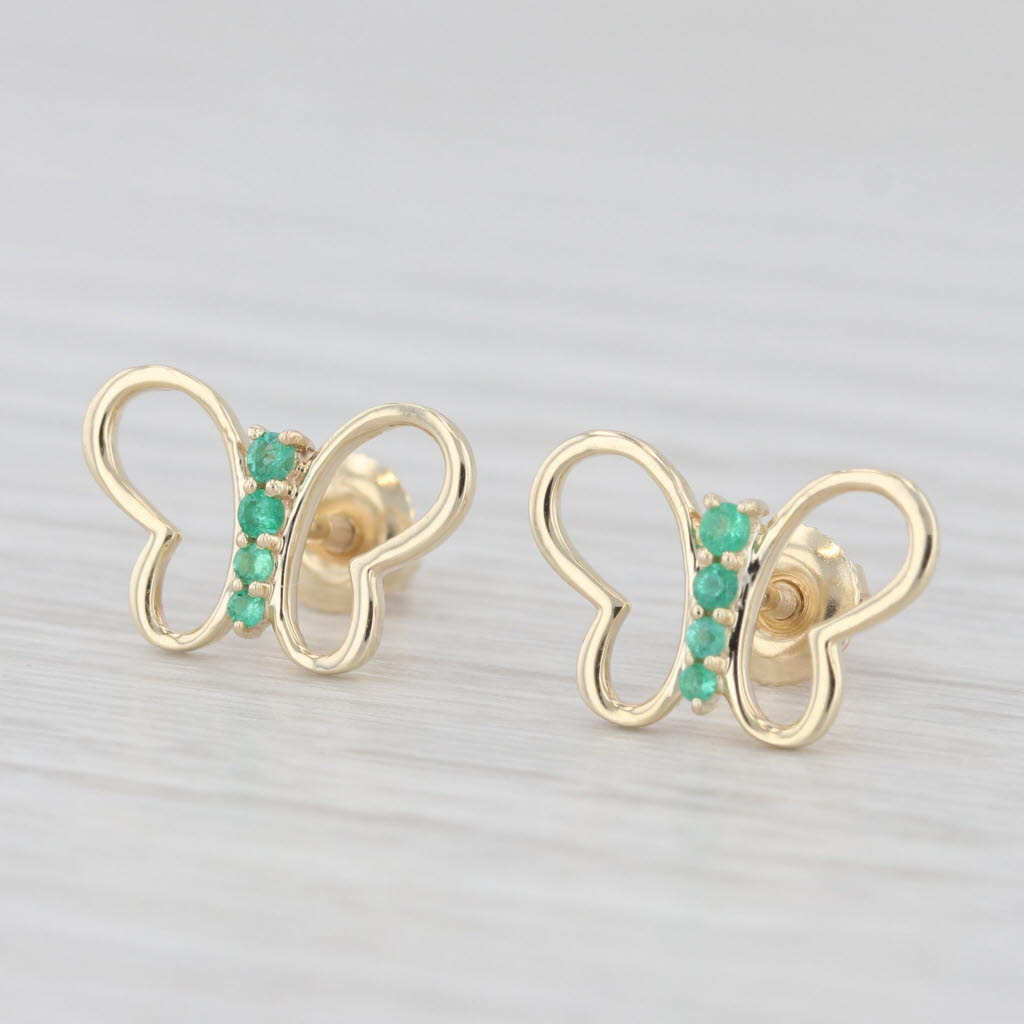 Light Gray New Emerald Butterfly Stud Earrings 10k Yellow Gold