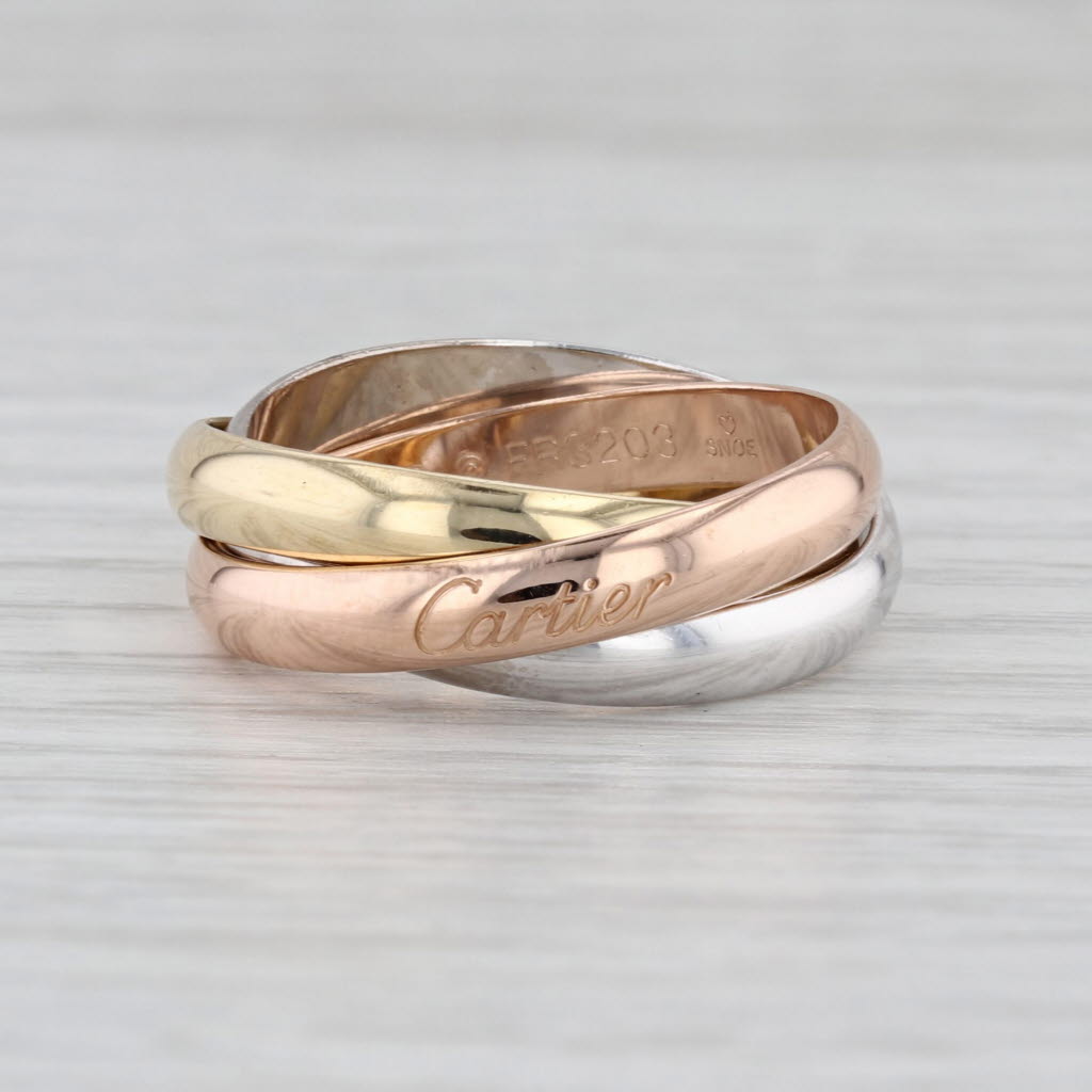 Cartier 3-Band Tri-Toned Puzzle Ring 18k Yellow White Rose Gold Size 8.5 / 58