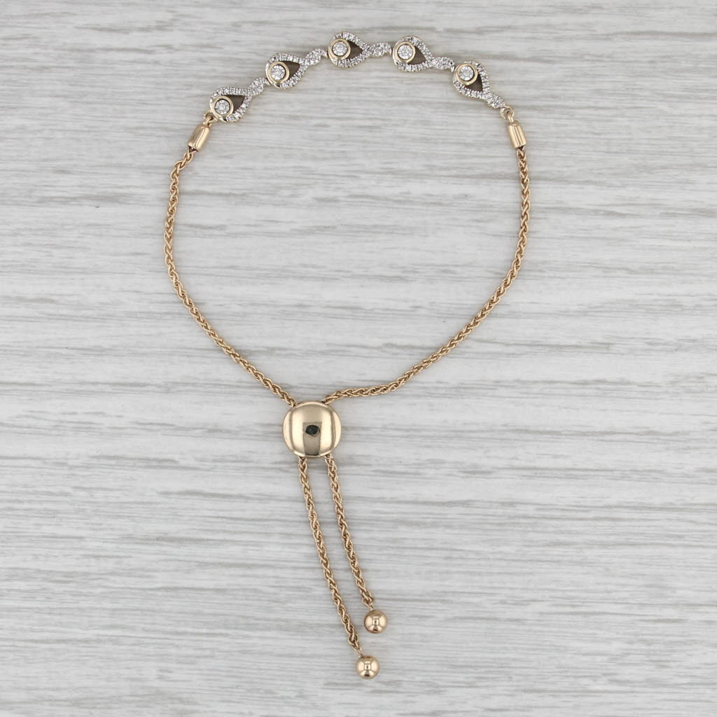 0.14ctw Diamond Teardrop Wheat Chain Bolo Bracelet 10k Yellow Gold Adjustable