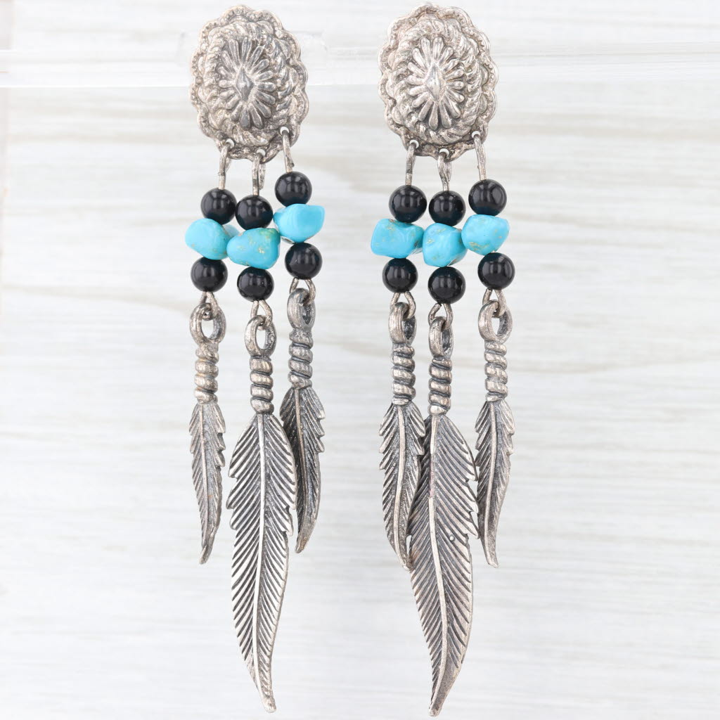 Lavender Vintage Turquoise Onyx Feather Dangle Earrings Sterling Silver Southwestern