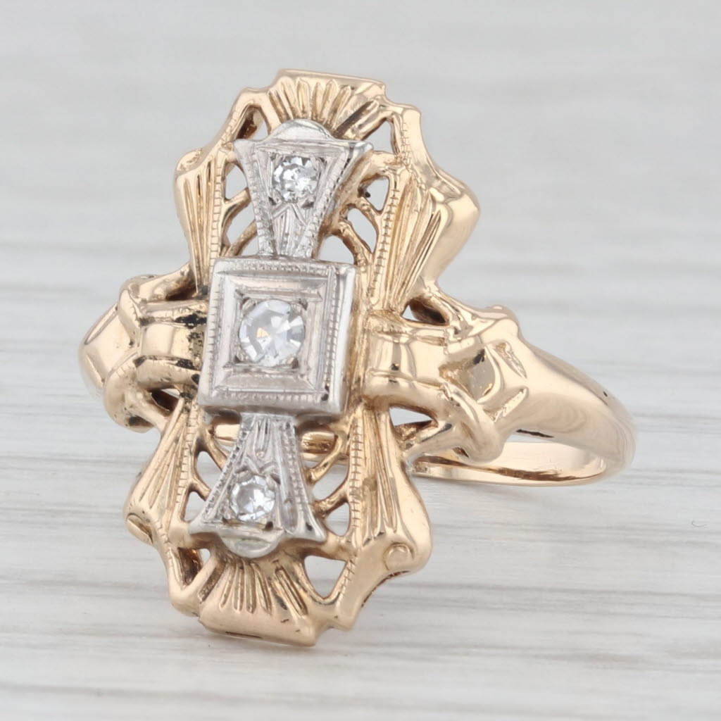 Light Gray Vintage Diamond Ring 14k White Yellow Gold Size 4.75 Art Deco