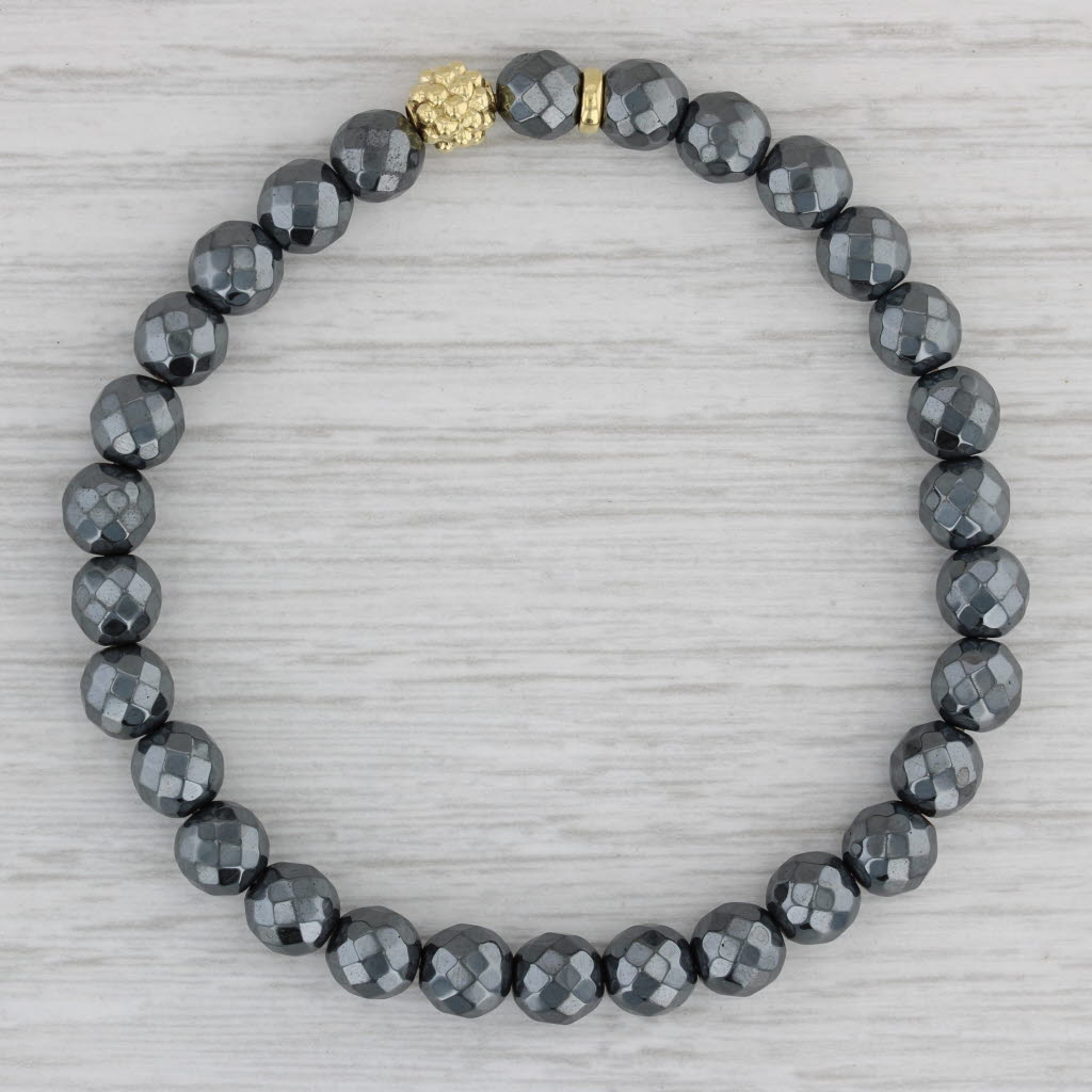 Gray Lagos Caviar Icon Hematite Gold Station Bead Bracelet 18k Gold Stretch Strand