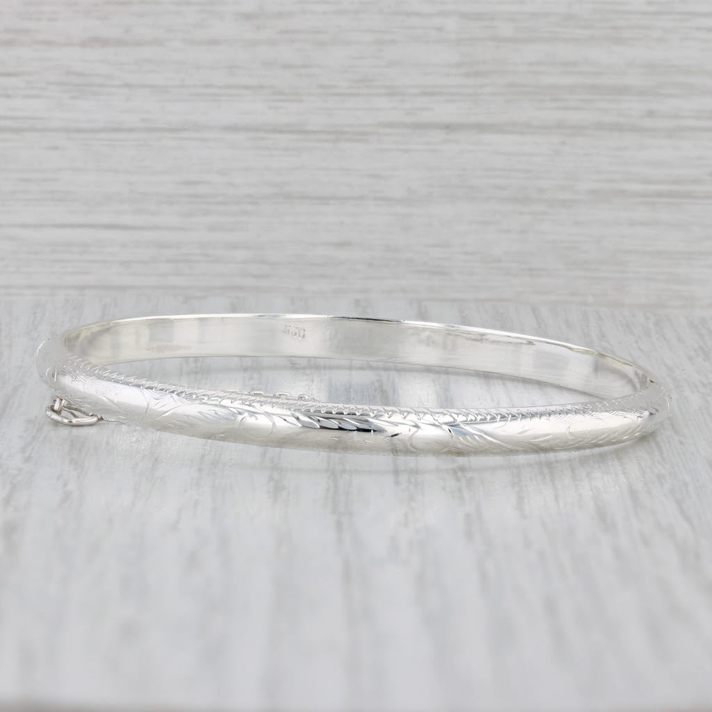 Gray Floral Etched Bangle Bracelet Sterling Silver 7.25" 4.6mm