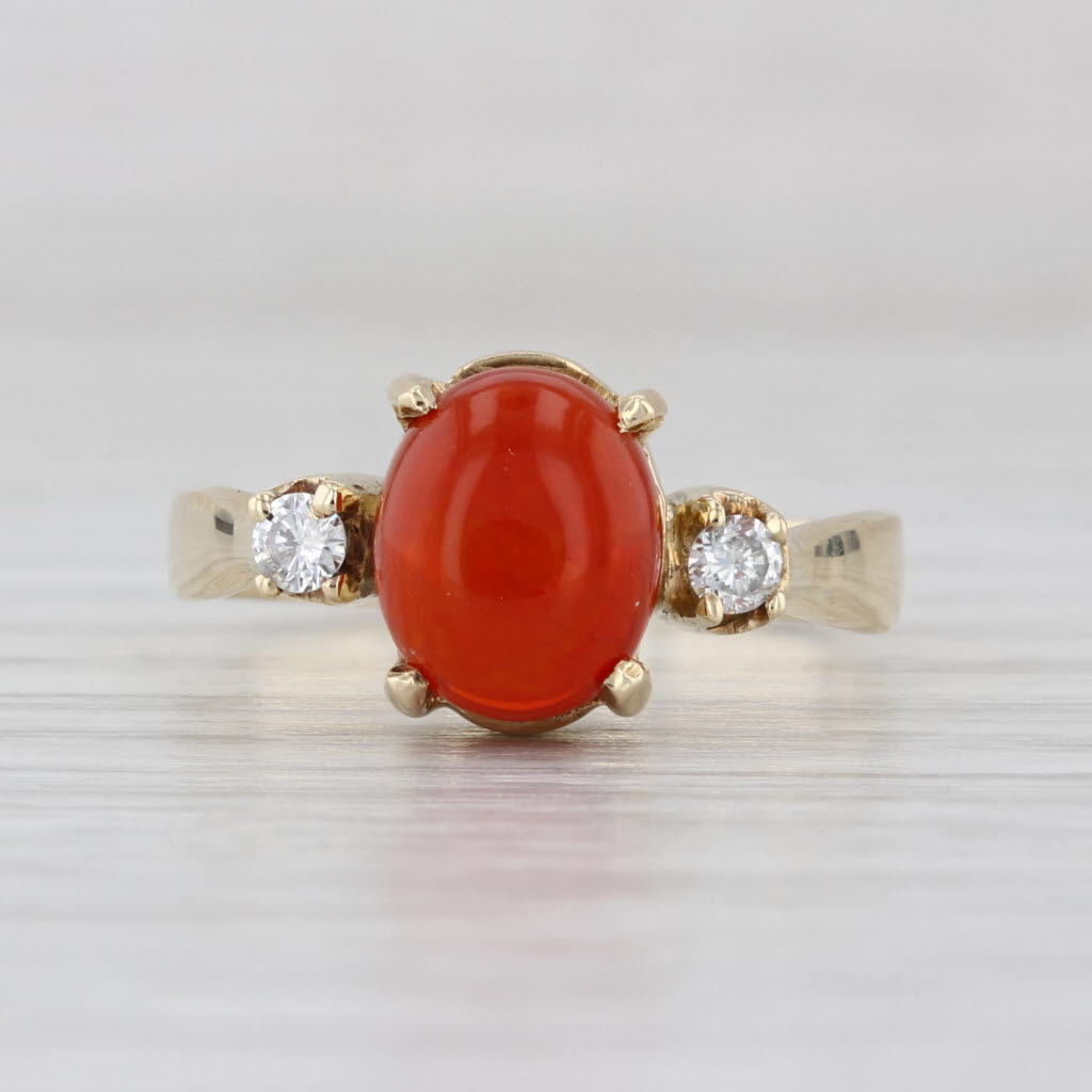Fire Opal Cabochon Diamond Ring 14k Yellow Gold Size 7.75