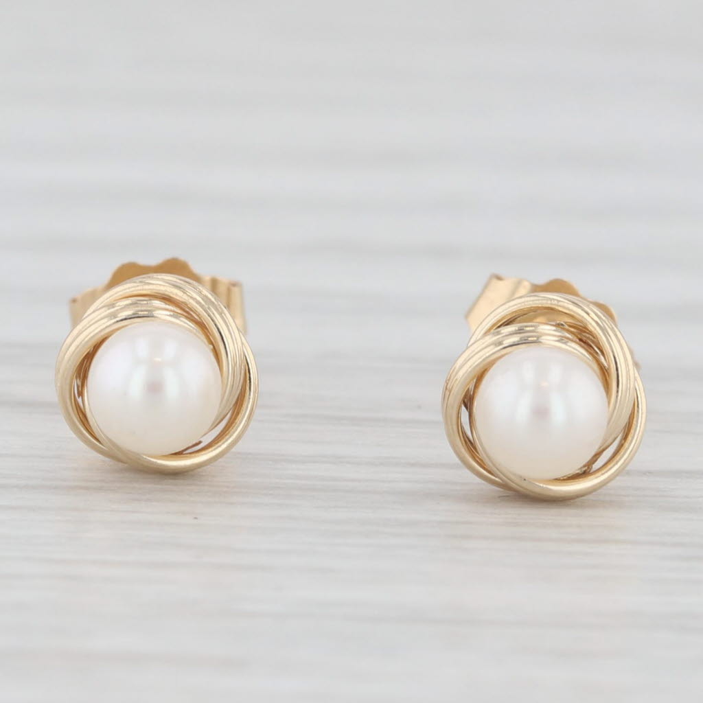 Light Gray Round White Cultured Pearl Knot Stud Earrings 14k Yellow Gold