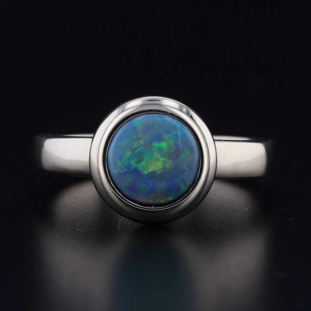 Round Blue Green Assembled Opal Ring 14k Yellow Gold Size 7