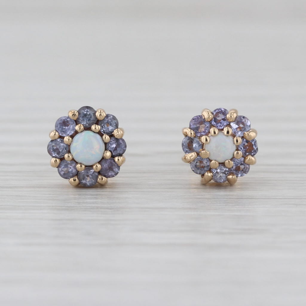 Opal Tanzanite Halo Stud Earrings 10k Yellow Gold Flower Studs