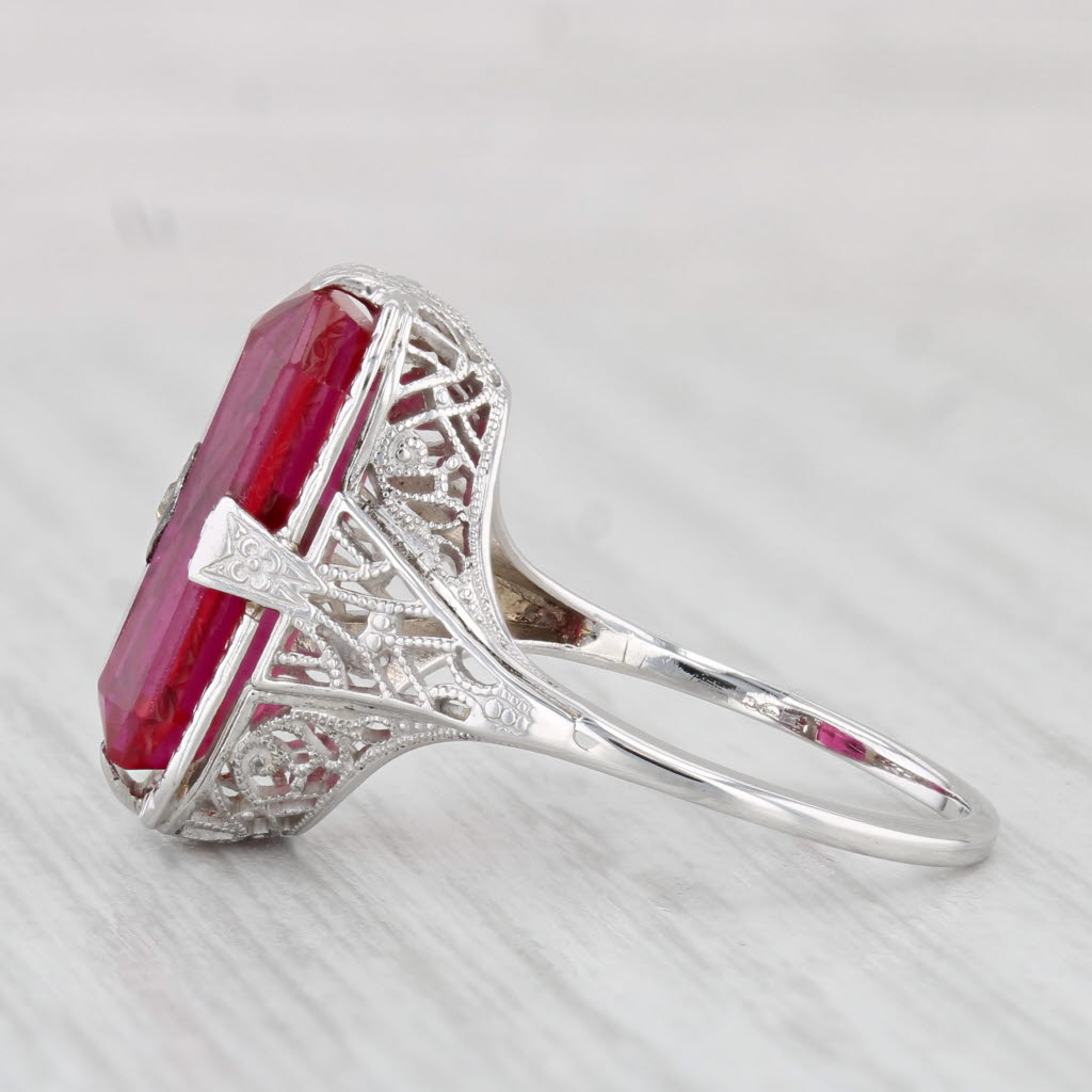 Light Gray Vintage Lab Created Ruby Diamond Signet Ring 14k White Gold Filigree Size 6.5