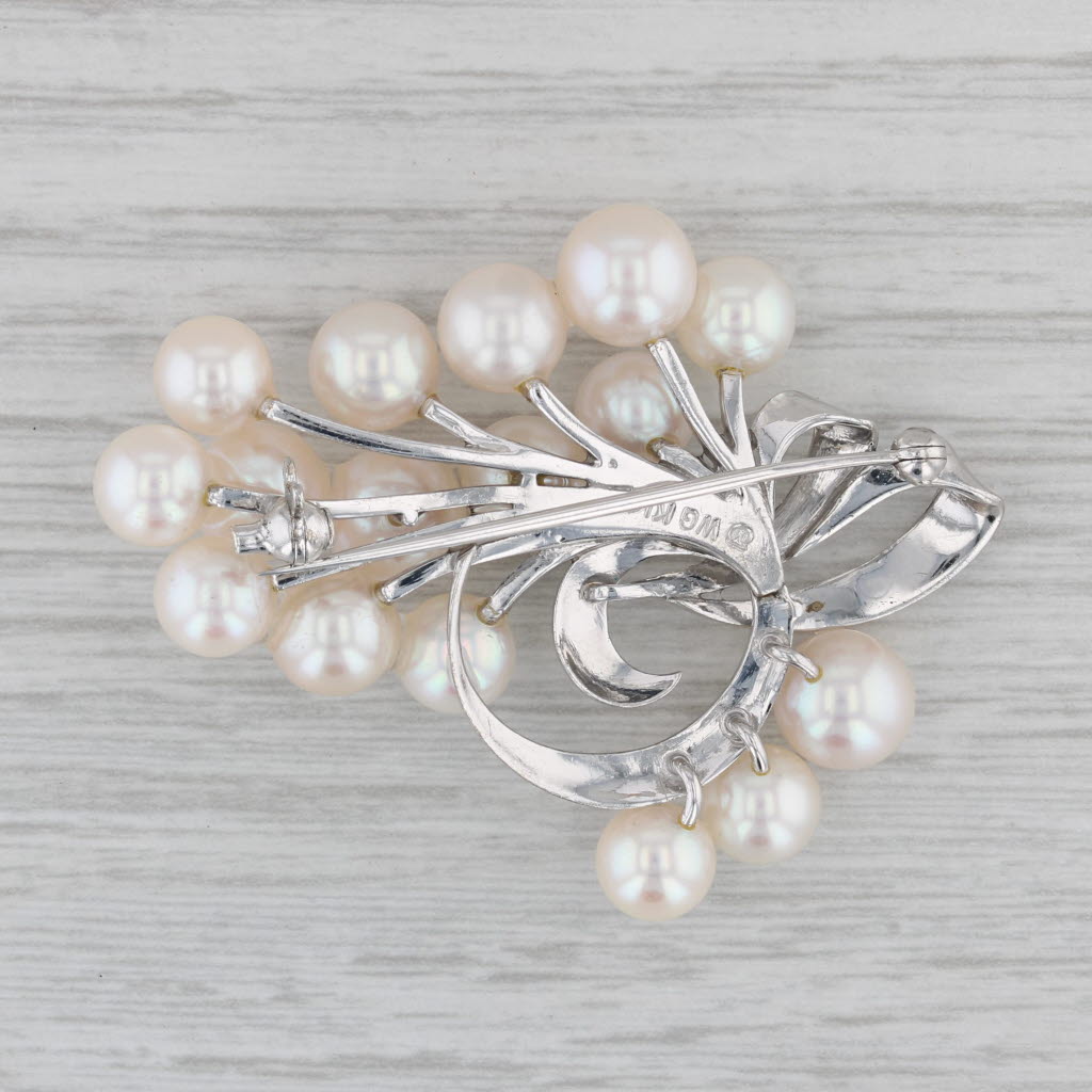 Gray Mikimoto Vintage Cultured Pearl Brooch 14k White Gold Flower Spray Statement Pin