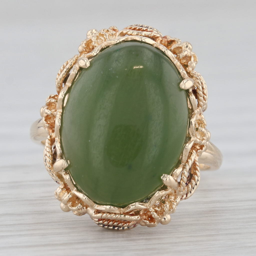 Gray Green Nephrite Jade Ring 14k Yellow Gold Oval Cabochon Size 7.5 Ornate Filigree