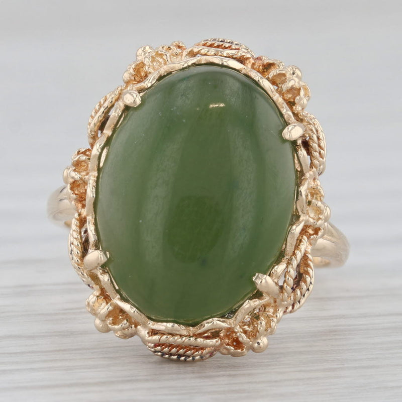Green Nephrite Jade Ring 14k Yellow Gold Oval Cabochon Size 7.5 Ornate Filigree