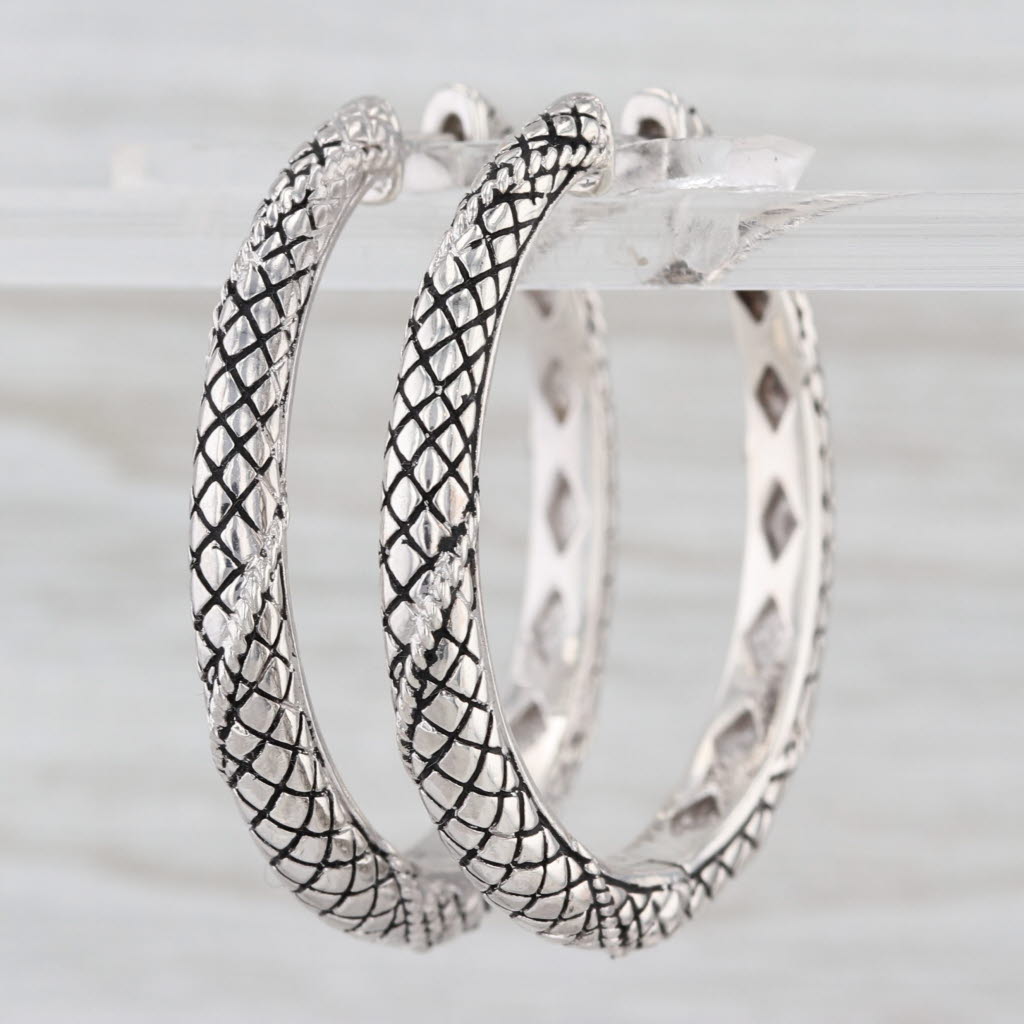 Candela Crosshatch Scale Pattern Hoop Earrings Sterling Silver Round Hoops