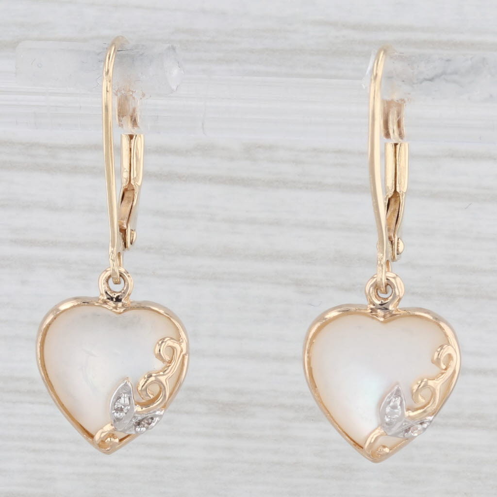 Light Gray Mother of Pearl Heart Dangle Earrings 14k Yellow Gold Diamonds Lever Backs