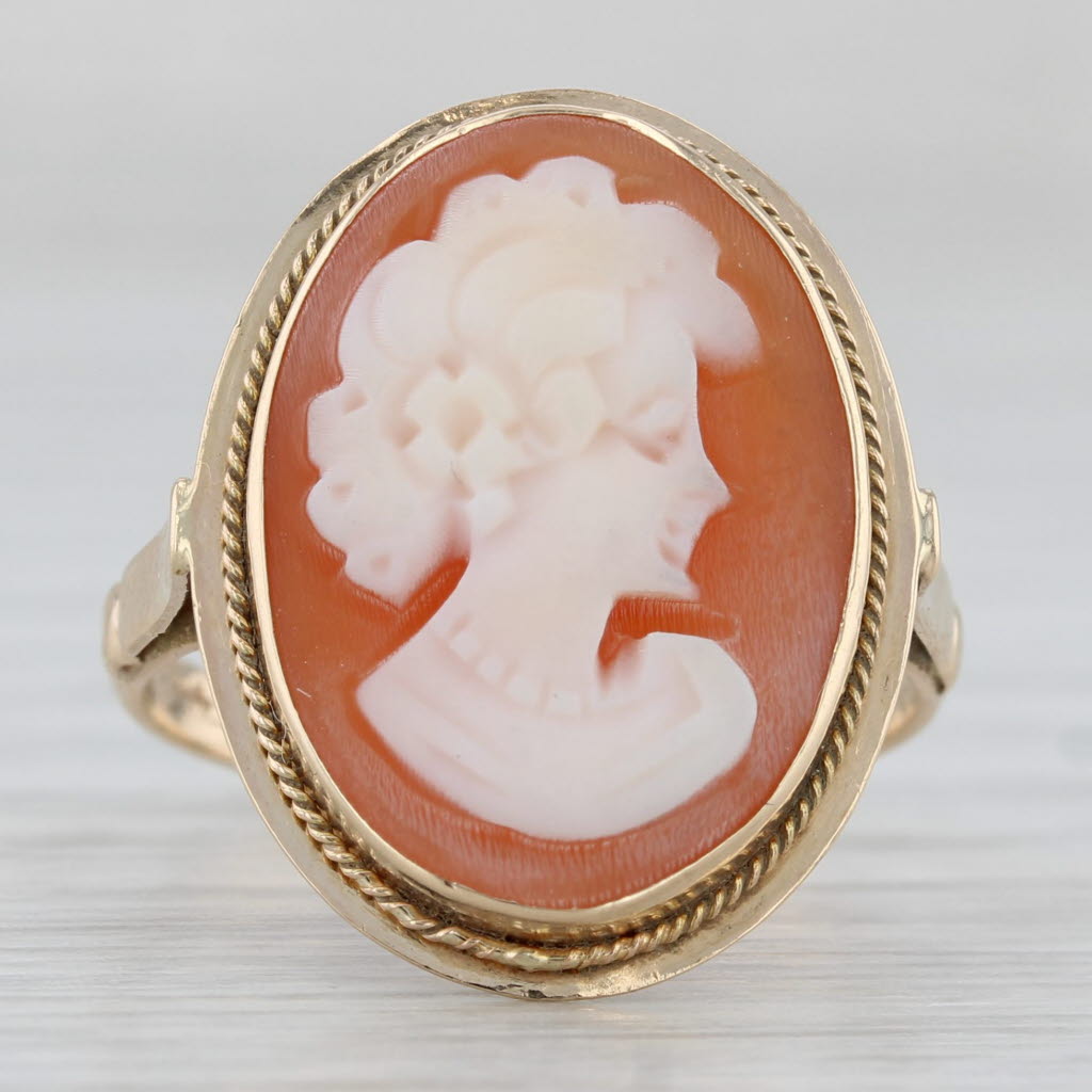 Gray Vintage Carved Shell Cameo Ring 14k Yellwo Gold Size 7.5 Oval Figural