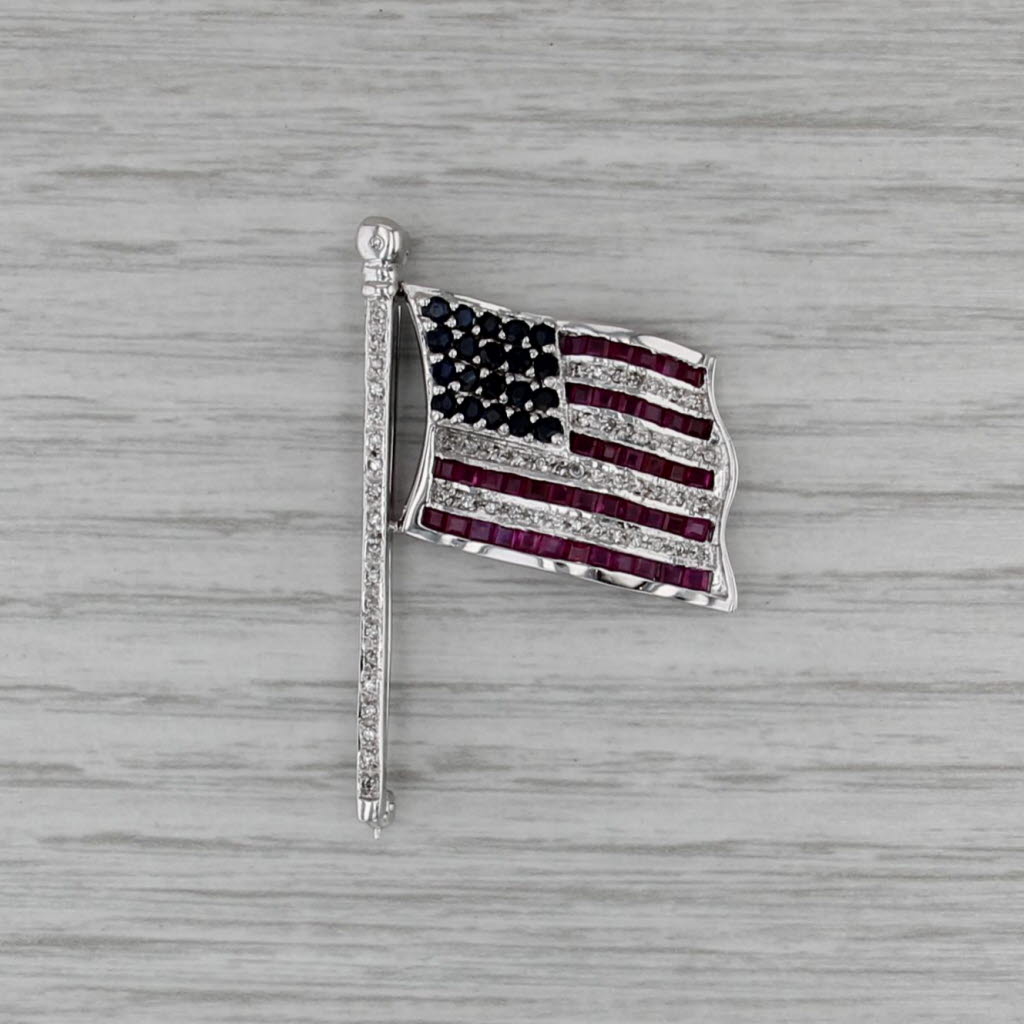 American Flag Brooch 2.54ctw Diamond Sapphire Ruby 14k White Gold Patriotic Pin