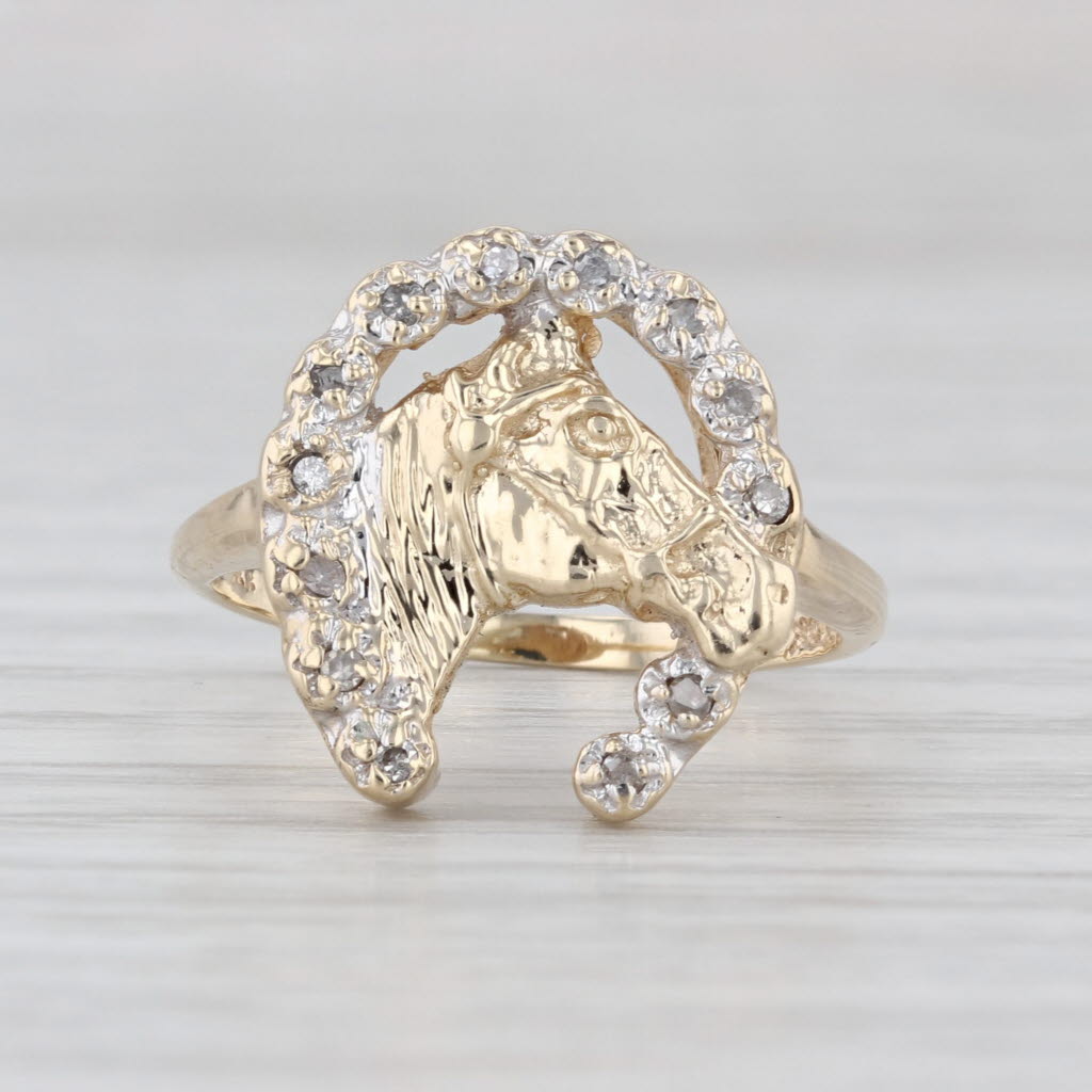 Diamond Horseshoe Horse Ring 10k Yellow Gold Size 5.5 Western Equestri